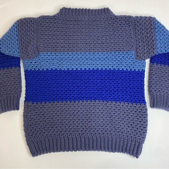 Handmade‎ New Unisex Blue Gray Striped Crewneck 3/4 Sleeve Knit Sweater L/C41 - Picture 8 of 9